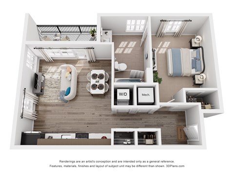Floor plan for 1 bed, 1 bath, 708 sqft